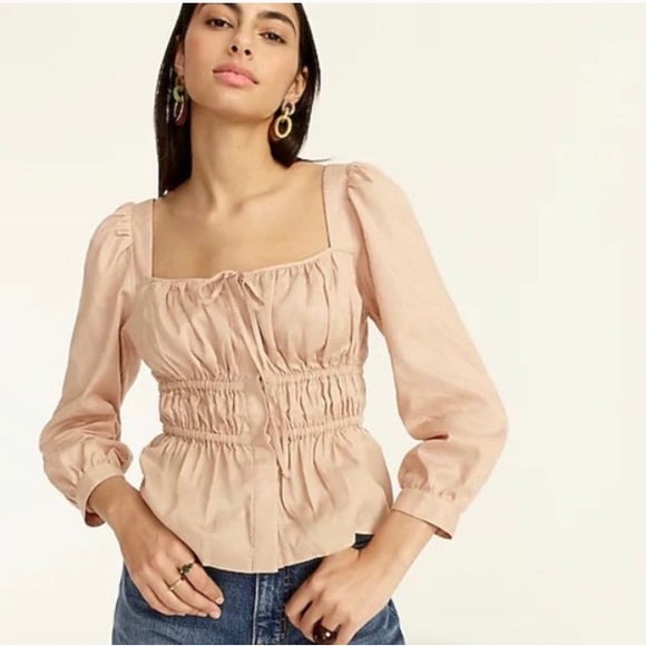 JCrew Cinched-waist in herringbone cotton pink blush square neck peasant top 8 - Picture 11 of 11